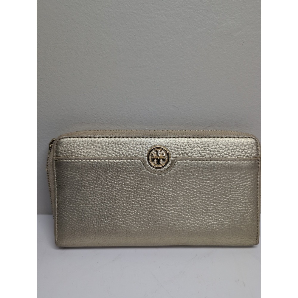 Tory Burch Women's gold Zip-Around Wallet w/ Logo, Credit Card Slots